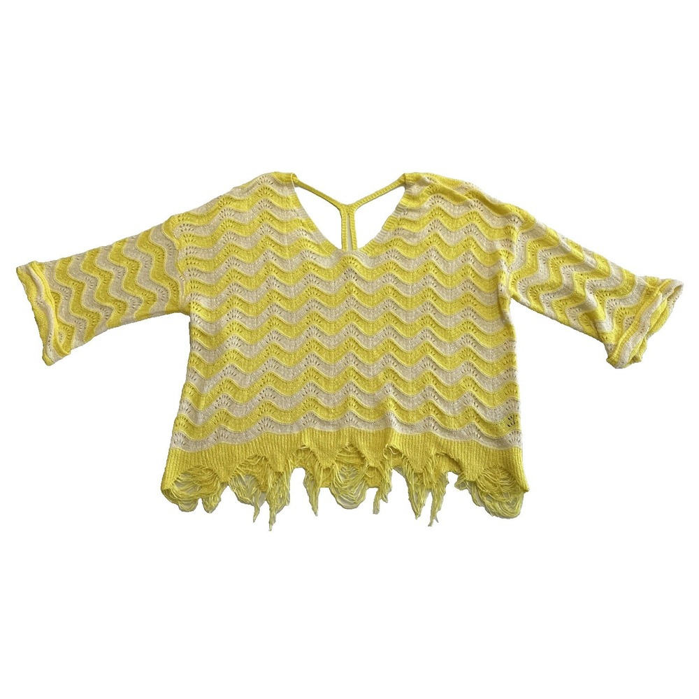 POL Women's Fringe Hem Sweater Size Small Yellow Cream Chevron Boho Knit Top